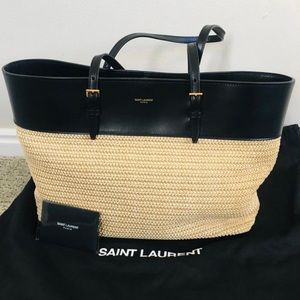Saint Laurent Medium Shopping Naturale/ Nero Raffia/Leather Tote